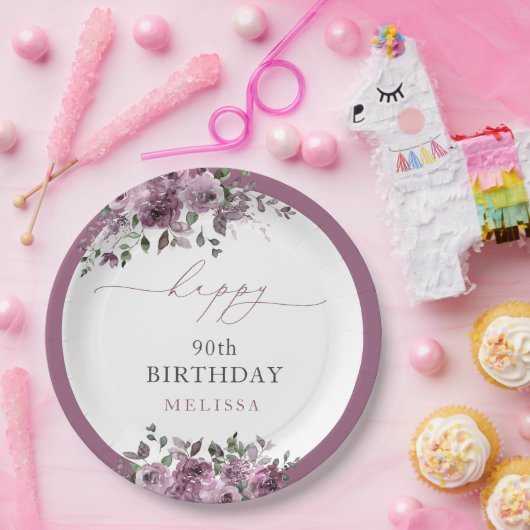 Elegante Paarse Bloemen elke leeftijd Verjaardag Papieren Bordje (Feest)