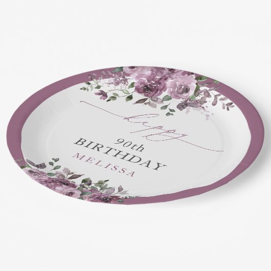 Elegante Paarse Bloemen elke leeftijd Verjaardag Papieren Bordje (Gekanteld)