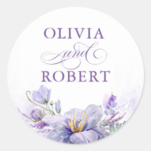 Elegante paarse bloemen en gouden trouwzegels ronde sticker
