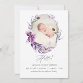 Elegante Paarse Bloemen Foto Baby Aankondiging (Voorkant)