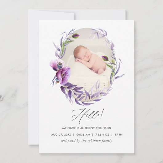 Elegante Paarse Bloemen Foto Baby Aankondiging (Voorkant)