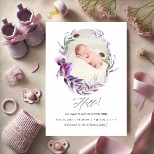 Elegante Paarse Bloemen Foto Baby Aankondiging