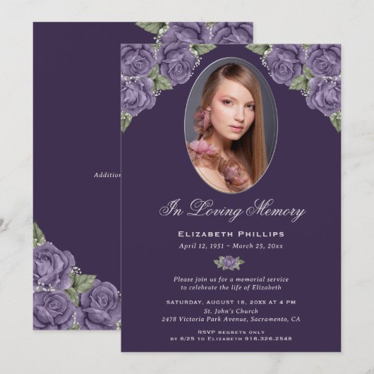 Elegante Paarse Bloemen Foto Memorial Service Kaart (Voorkant / Achterkant)