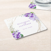 Elegante Paarse Bloemen Goud Lijst bruiloft Kartonnen Onderzetters (Schuin)