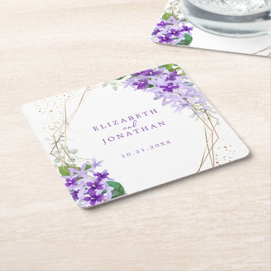 Elegante Paarse Bloemen Goud Lijst bruiloft Kartonnen Onderzetters (Schuin)