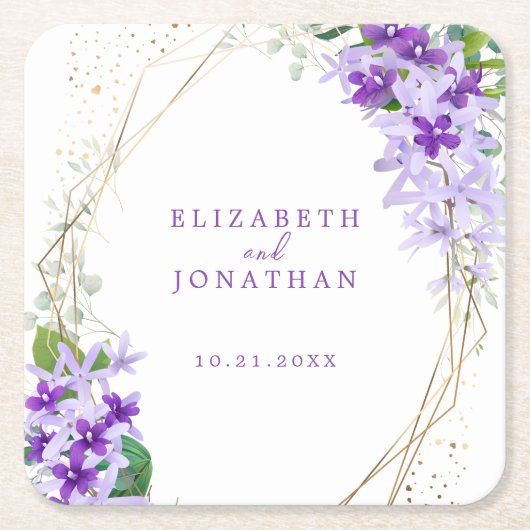 Elegante Paarse Bloemen Goud Lijst bruiloft Kartonnen Onderzetters (Voorkant)