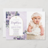 Elegante Paarse Bloemen Gouden Boog Meisje Dopen F Kaart (Voorkant)