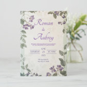 Elegante Paarse Bloemen Groen Huwelijksuitnodiging Kaart (Staand voorkant)