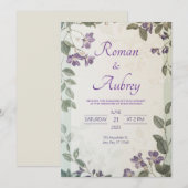 Elegante Paarse Bloemen Groen Huwelijksuitnodiging Kaart (Voorkant / Achterkant)