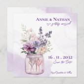 Elegante paarse bloemen in Mason Jar Bloemen bruil Aankondiging (Voorkant / Achterkant)
