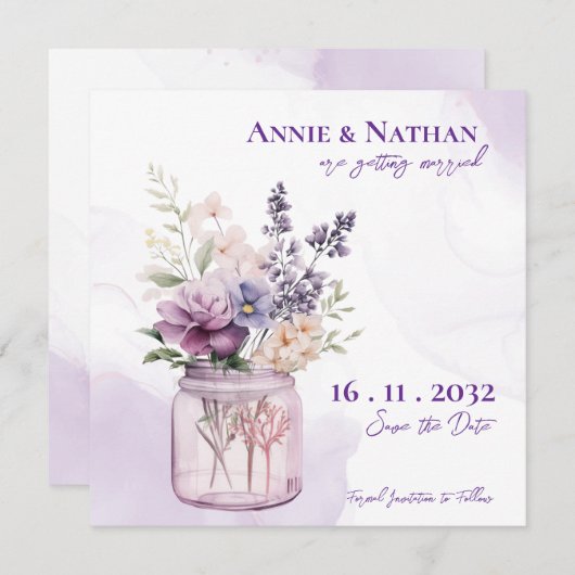 Elegante paarse bloemen in Mason Jar Bloemen bruil Aankondiging (Voorkant / Achterkant)
