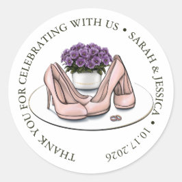 Elegante paarse bloemen lesbisch trouwcadeau stick ronde sticker