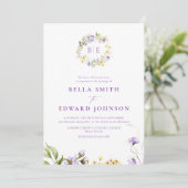 Elegante Paarse Bloemen Monogram Botanische Bruilo Kaart (Staand voorkant)