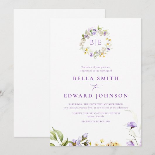 Elegante Paarse Bloemen Monogram Botanische Bruilo Kaart (Voorkant / Achterkant)