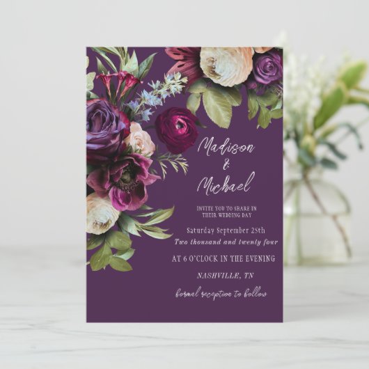 Elegante Paarse Bloemen Pioenrozen Bruiloft Kaart (Staand voorkant)