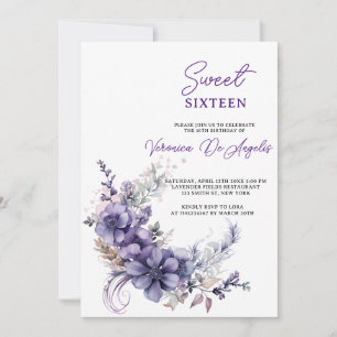 Elegante Paarse Bloemen Sweet 16 Verjaardag  Kaart