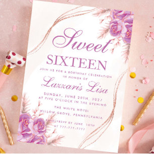 Elegante Paarse Bloemen Sweet Sixteen 16 Verjaarda Kaart