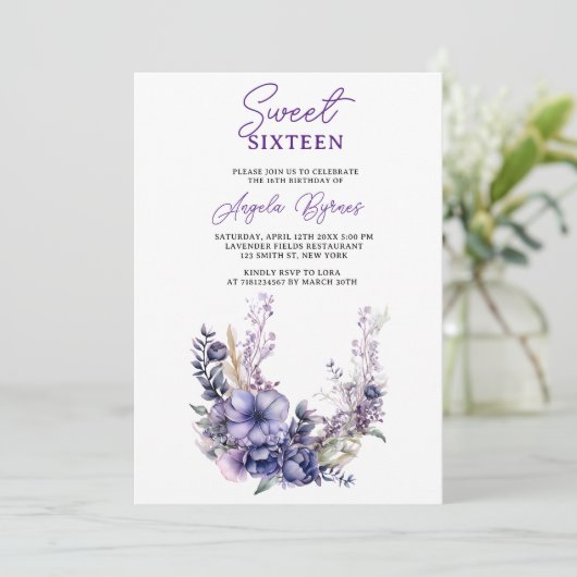 Elegante Paarse Bloemen Sweet Sixteen Birthday Kaart (Staand voorkant)