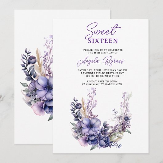 Elegante Paarse Bloemen Sweet Sixteen Birthday Kaart (Voorkant / Achterkant)
