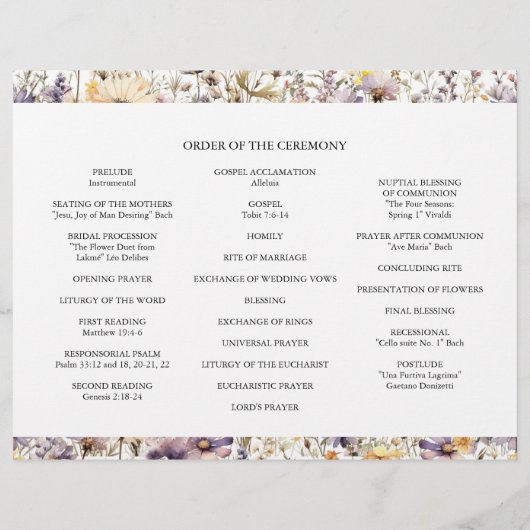 Elegante Paarse Bloemen Trifold Wedding Programma Flyer (Achterkant)