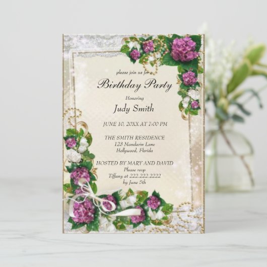 Elegante Paarse Bloemen Verjaardagsuitnodiging Kaart (Staand voorkant)