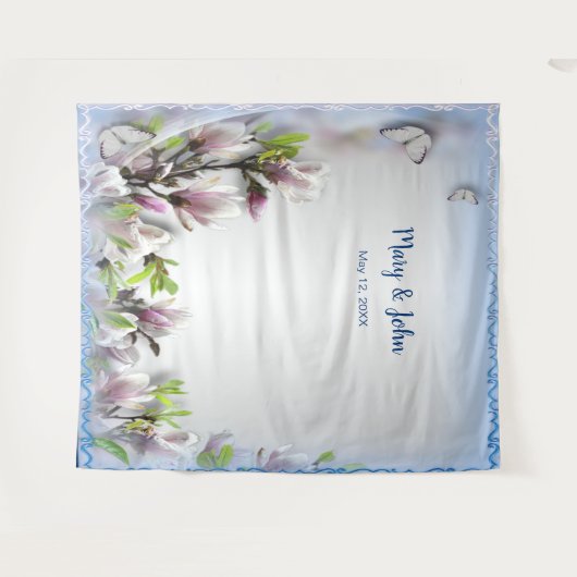 Elegante Paarse bloemen vlinder bruiloft achtergro Wandkleed (Voorkant (horizontaal))