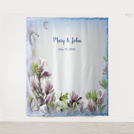 Elegante Paarse bloemen vlinder bruiloft achtergro Wandkleed (Voorkant)