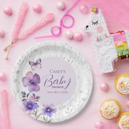 Elegante Paarse Bloemen Vlinder Meisje Baby shower Papieren Bordje (Feest)