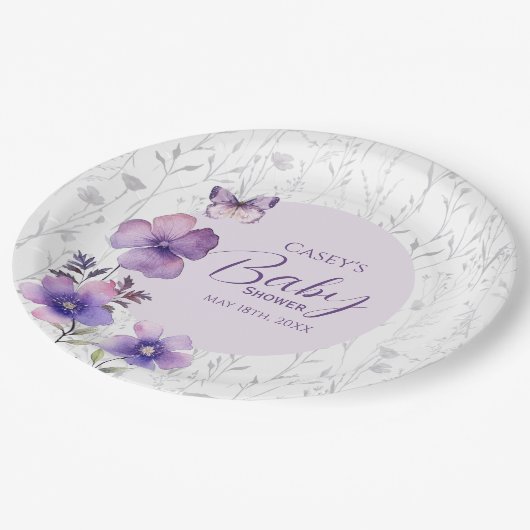 Elegante Paarse Bloemen Vlinder Meisje Baby shower Papieren Bordje (Gekanteld)