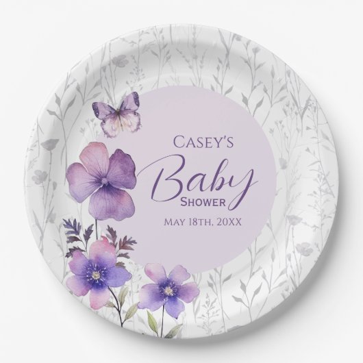 Elegante Paarse Bloemen Vlinder Meisje Baby shower Papieren Bordje (Voorkant)