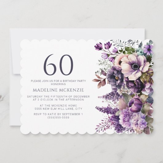 Elegante paarse bloemen volwassen 60e verjaardag kaart (Voorkant)