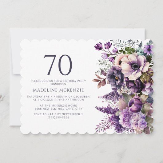 Elegante paarse bloemen volwassen 70e verjaardag kaart (Voorkant)