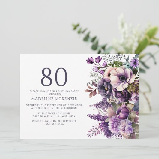 Elegante paarse bloemen volwassen 80e verjaardag kaart (Staand voorkant)