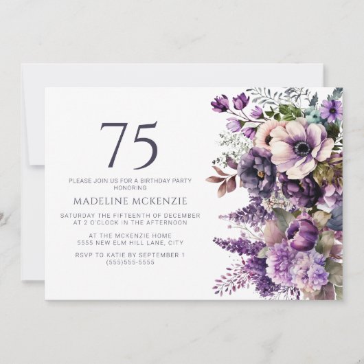 Elegante paarse bloemen Volwassene 75e verjaardag Kaart (Voorkant)