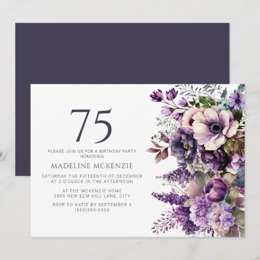 Elegante paarse bloemen Volwassene 75e verjaardag Kaart (Voorkant / Achterkant)