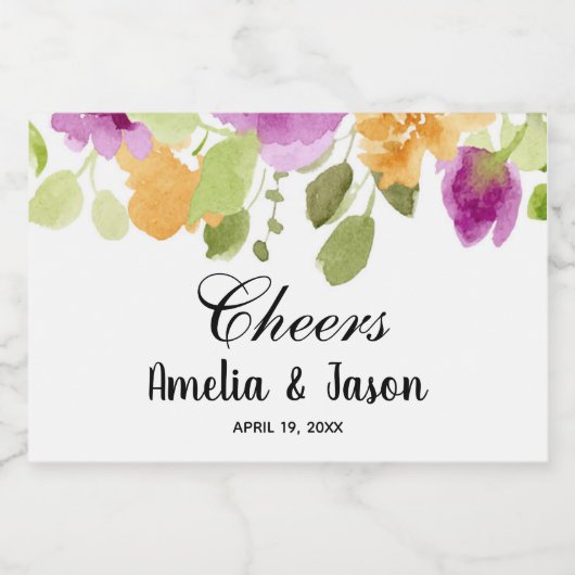 Elegante Paarse Bloemen Waterverf Mini Sparkling Wijnetiket (Enkel label)