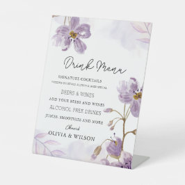 Elegante Paarse Bloemen Wedding Drink Menu Reclamebord Met Voetstuk