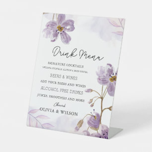 Elegante Paarse Bloemen Wedding Drink Menu Reclamebord Met Voetstuk