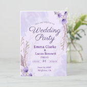 Elegante Paarse Bloemen Wedding Party Uitnodiging (Staand voorkant)