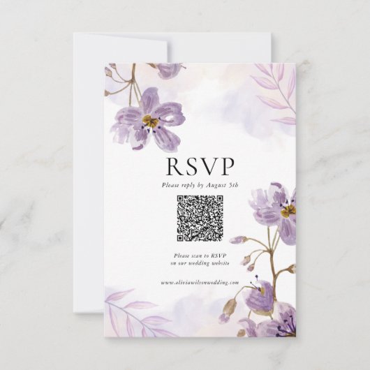 Elegante Paarse Bloemen Wedding Response QR Code RSVP Kaartje (Voorkant)