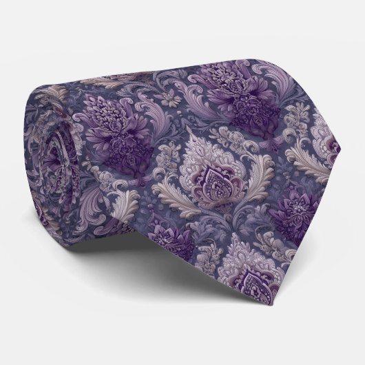 Elegante paarse bloemendamask trouw stropdas (Opgerold)