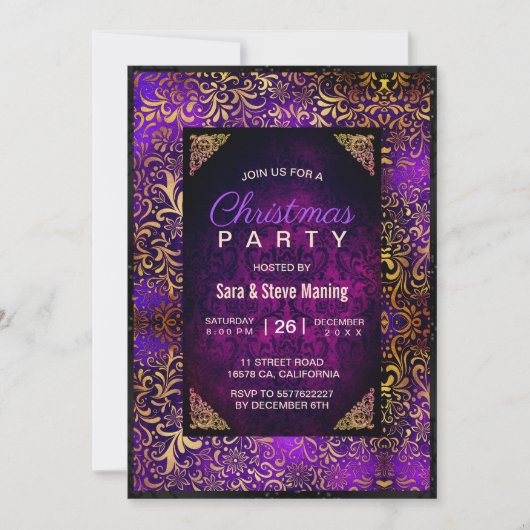 Elegante paarse bloemendamast faux gouden kerst kaart (Voorkant)