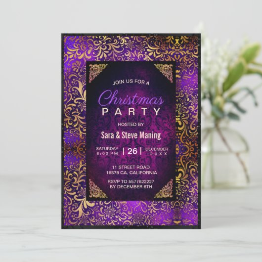 Elegante paarse bloemendamast faux gouden kerst kaart (Staand voorkant)