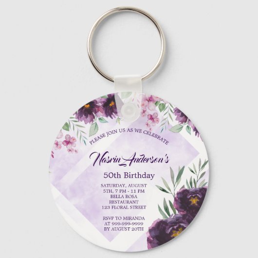 Elegante paarse bloemengeboortedagsuitnodiging sleutelhanger (Voorkant)