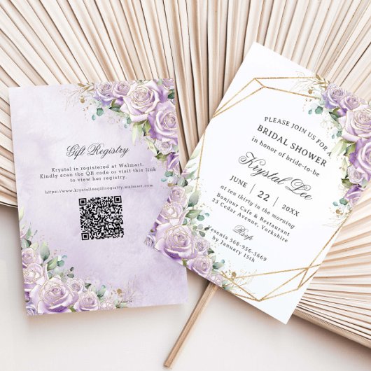 Elegante paarse bloemengoud bruidsdouche kaart