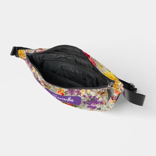 Elegante paarse bloemengrijze patroonmonogram slin heuptasje (Open)