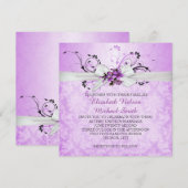 Elegante paarse bloemensierband damasten huwelijks kaart (Voorkant / Achterkant)