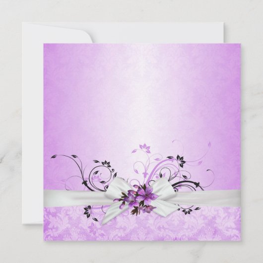 Elegante paarse bloemensierband damasten huwelijks kaart (Achterkant)