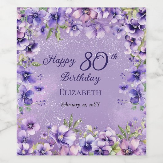 Elegante Paarse bloemenviooltjes 80ste verjaardags Wijn Etiket (Enkel label)