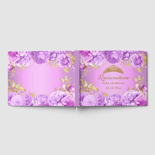 Elegante Paarse Bloemenvlinder thema quinceanera Gastenboek (Volledig)